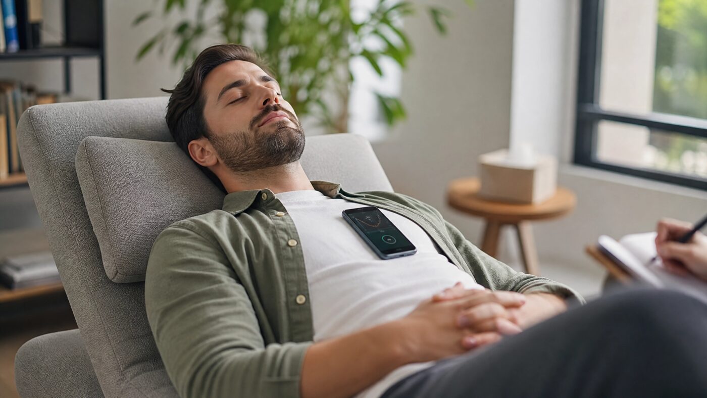 Avaliação no divã com o celular sobre o tórax